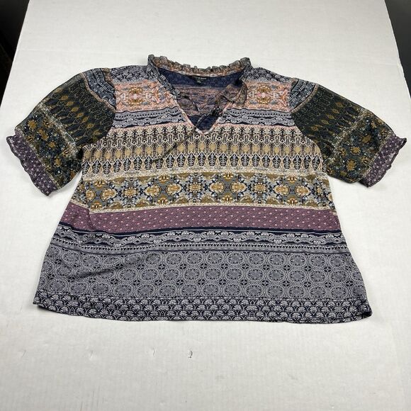 Lucky Brand Boho Patchwork Print Ruffle Trim Blouse Large Festival Soft Flowy - Picture 1 of 11
